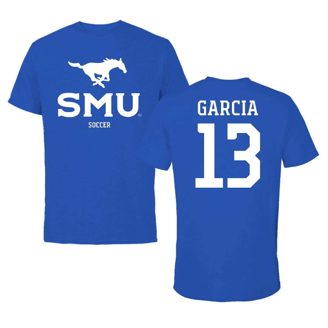 Southern Methodist University Soccer (M) Blue Mascot Tee - #13 Richie Garcia