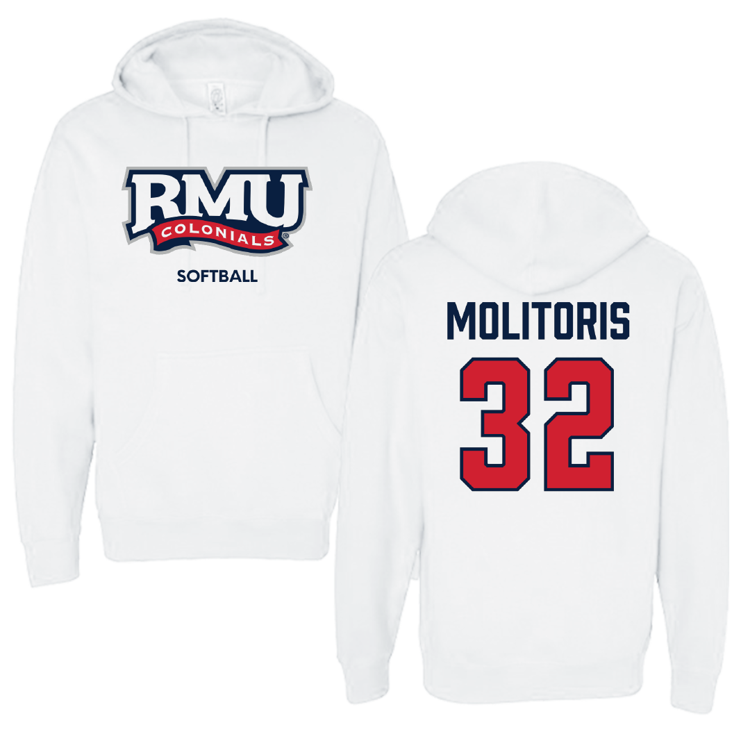 Robert Morris University Softball White Colonials Hoodie - #32 Kaitlyn Molitoris