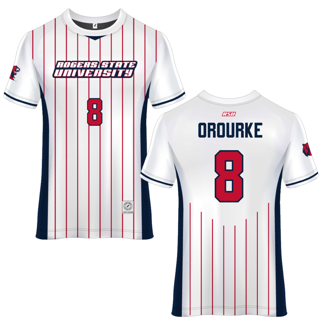 Rogers State University White Pinstripe Soccer Jersey - #8 Brandon ORourke
