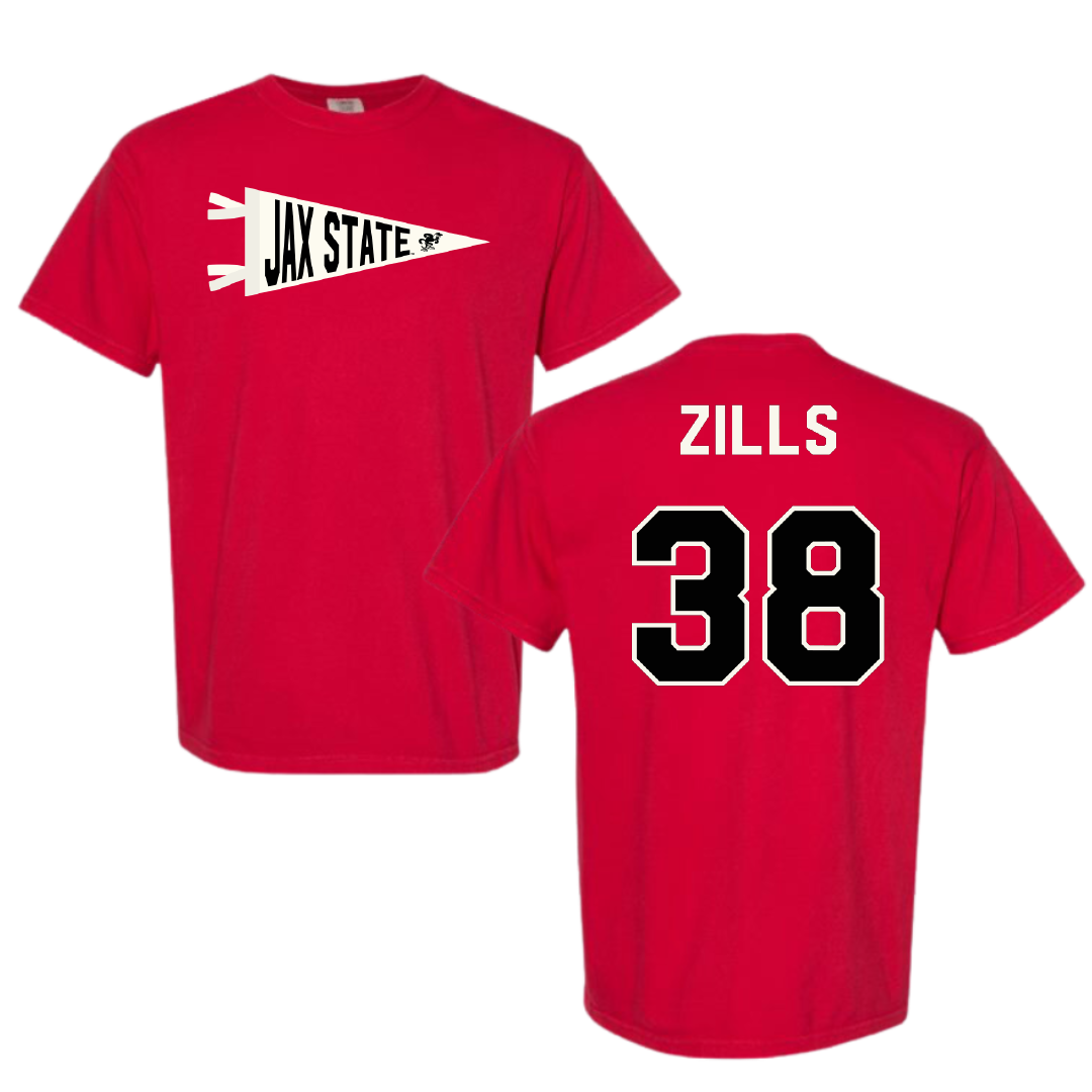 Jacksonville State University Football Red Pennant Comfort Colors Tee - #38 Nate Zills