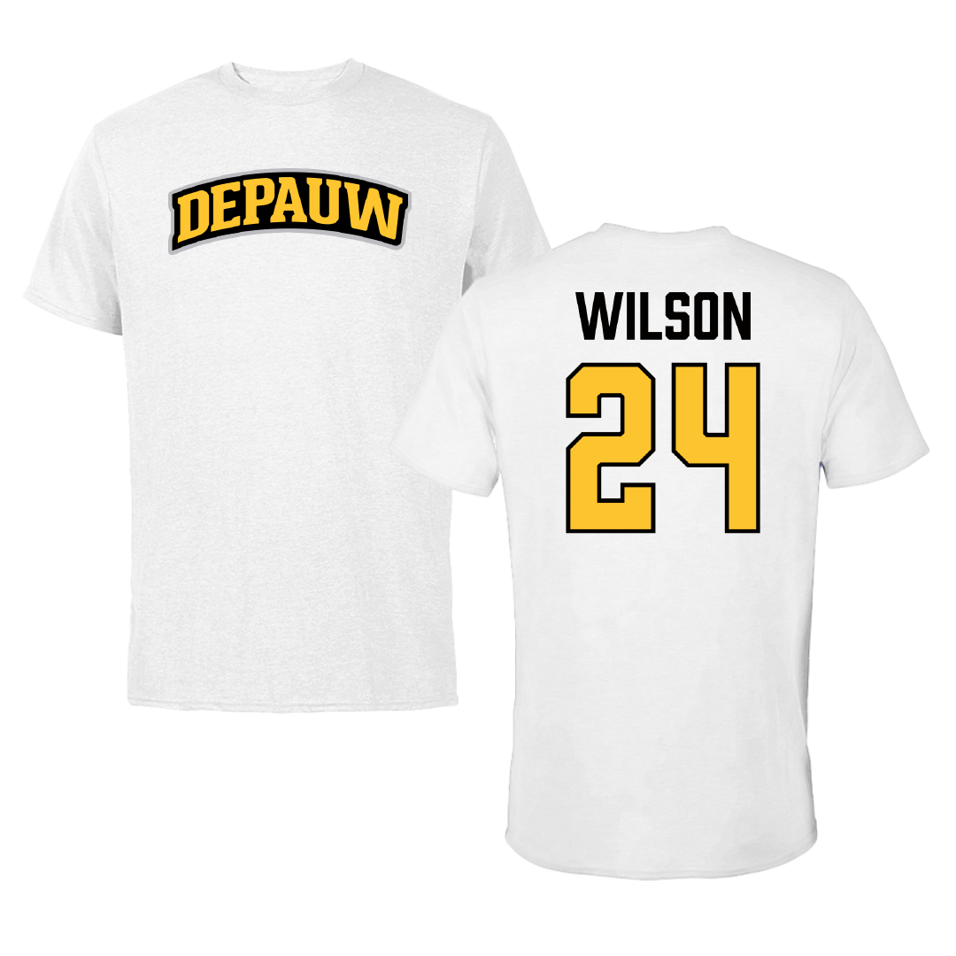 DePauw University Football White Performance Tee - #24 Cameron Wilson