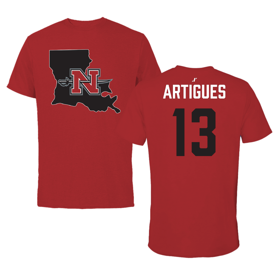 Nicholls State University Baseball Canvas Red State Tee - #13 Casey Artigues