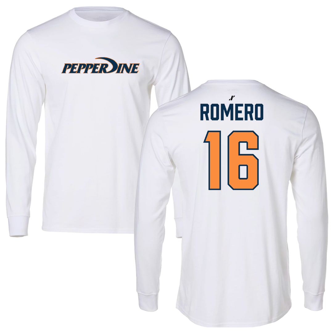 Pepperdine University Baseball White Performance Long Sleeve - #16 Shawn Romero