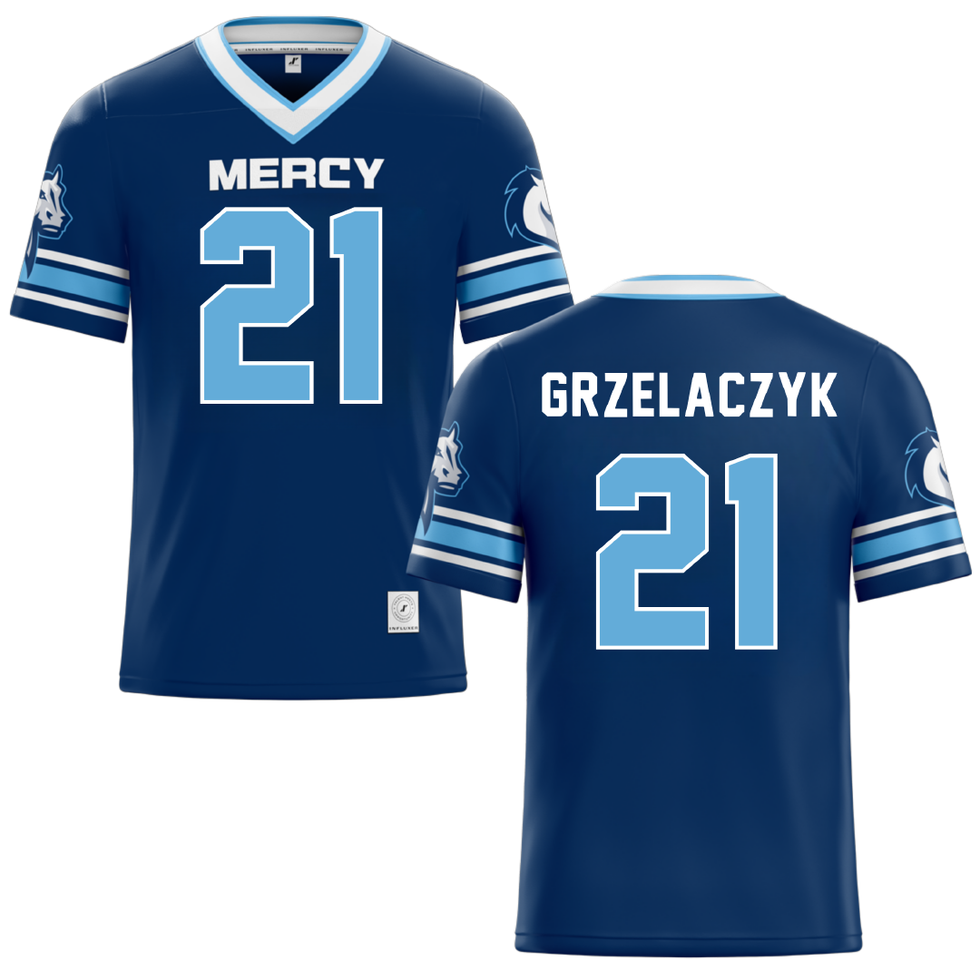 Mercy University Blue Lacrosse Jersey - #21 Jessica Grzelaczyk