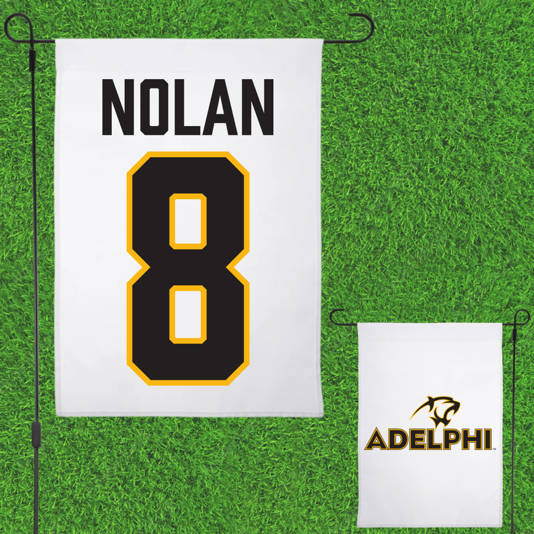 Adelphi University Soccer White Garden Flag - #8 Sam Nolan