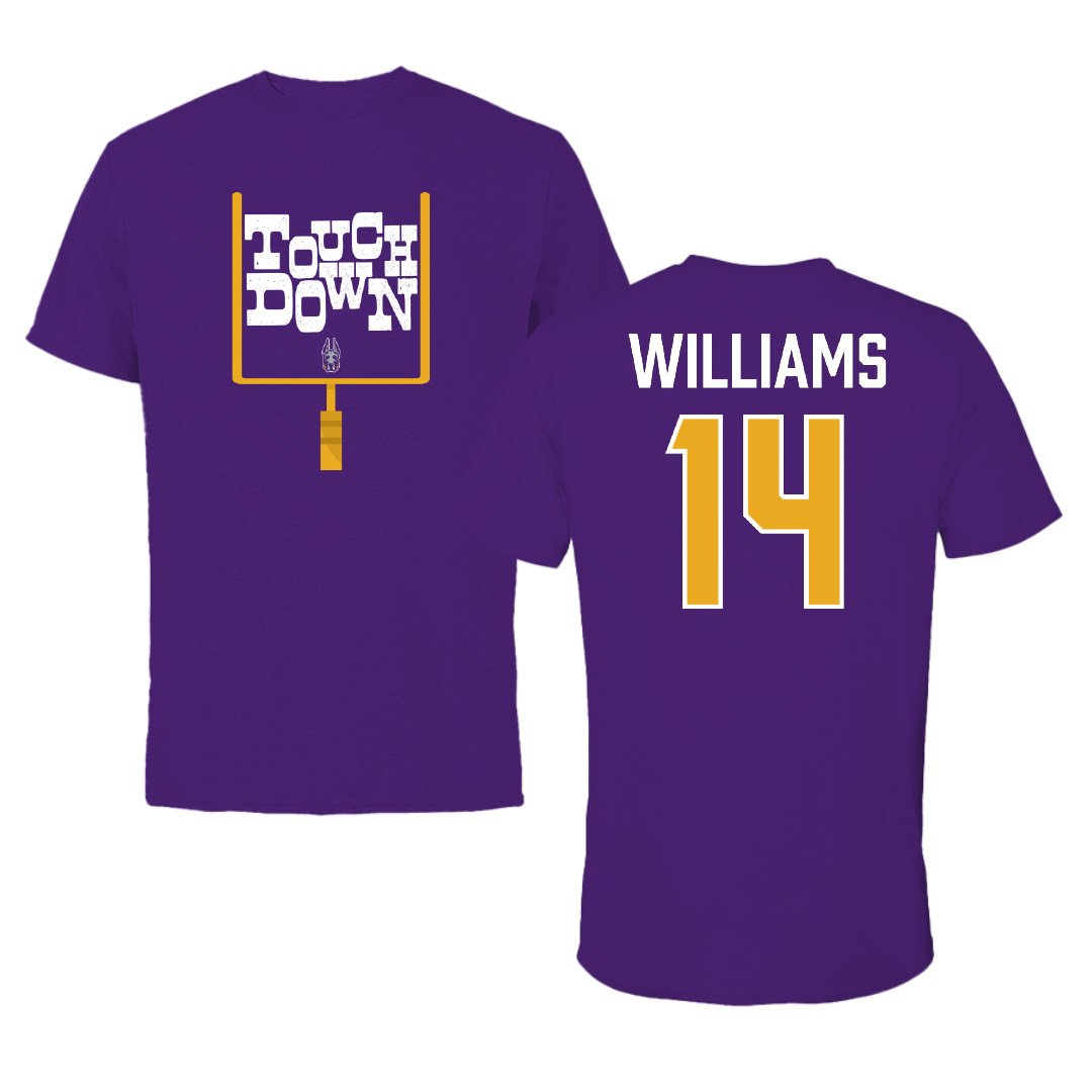 University at Albany Football Purple Touchdown Tee - #14 Jaydon Williams