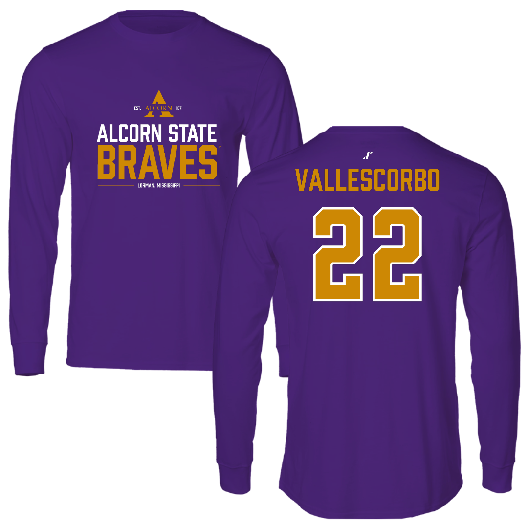 Alcorn State University Baseball Purple General Performance Long Sleeve - #22 Adrian Vallescorbo