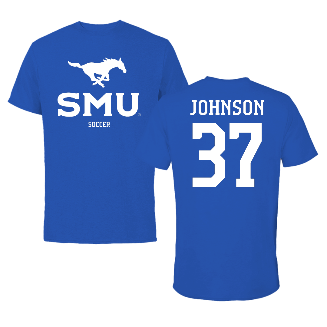 Southern Methodist University Soccer (M) Blue Mascot Tee - #37 Chance Johnson