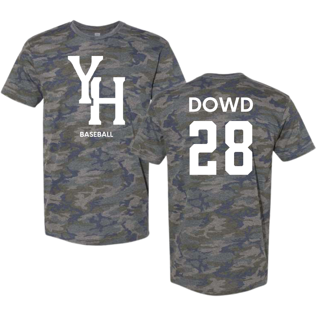 Young Harris College Baseball Vintage Camo Tee - #28 Tommy Dowd