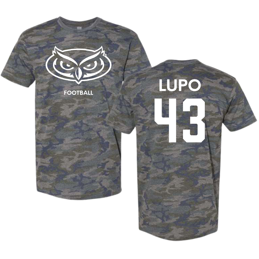Florida Atlantic University Football Vintage Camo Tee - #43 Logan Lupo