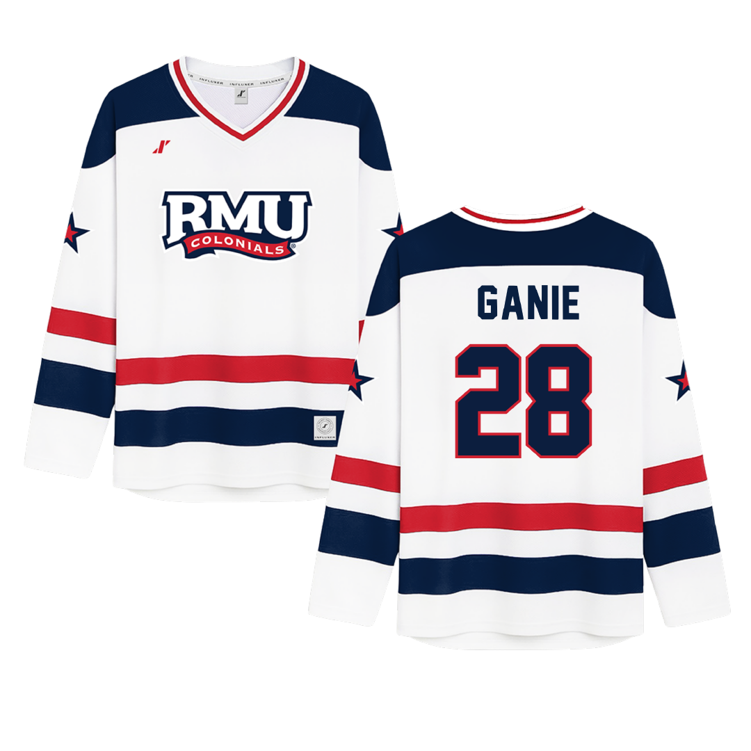 Robert Morris University White Hockey Jersey - #28 Logan Ganie