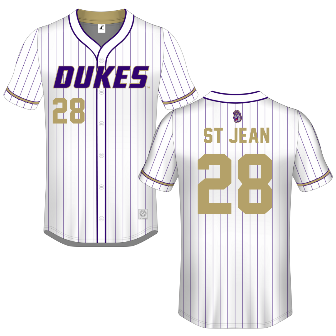 James Madison University White Pinstripe Button-Down Jersey - #28 Lisey St Jean