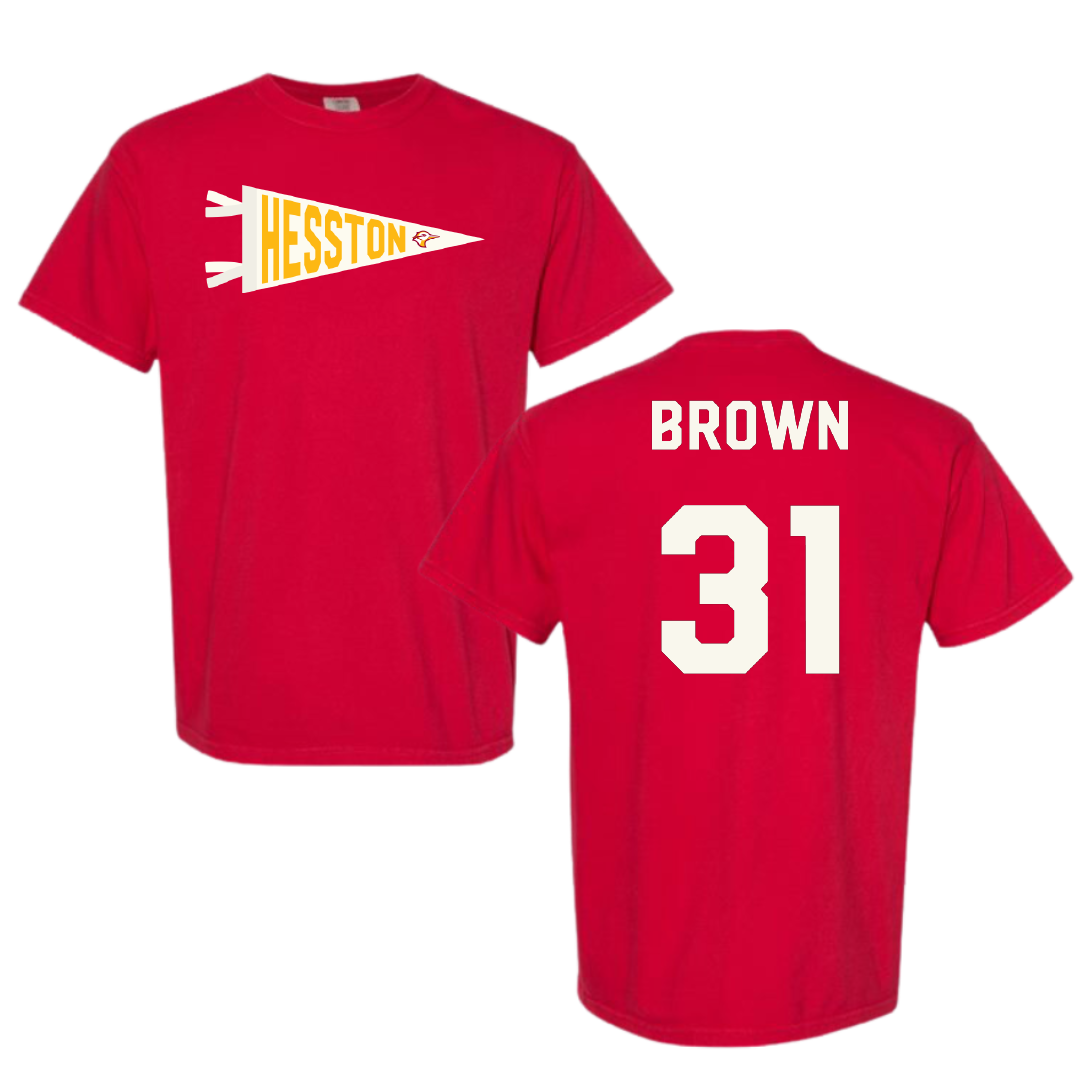 Hesston College Soccer Red Pennant Comfort Colors Tee - #31 Thatcher Brown