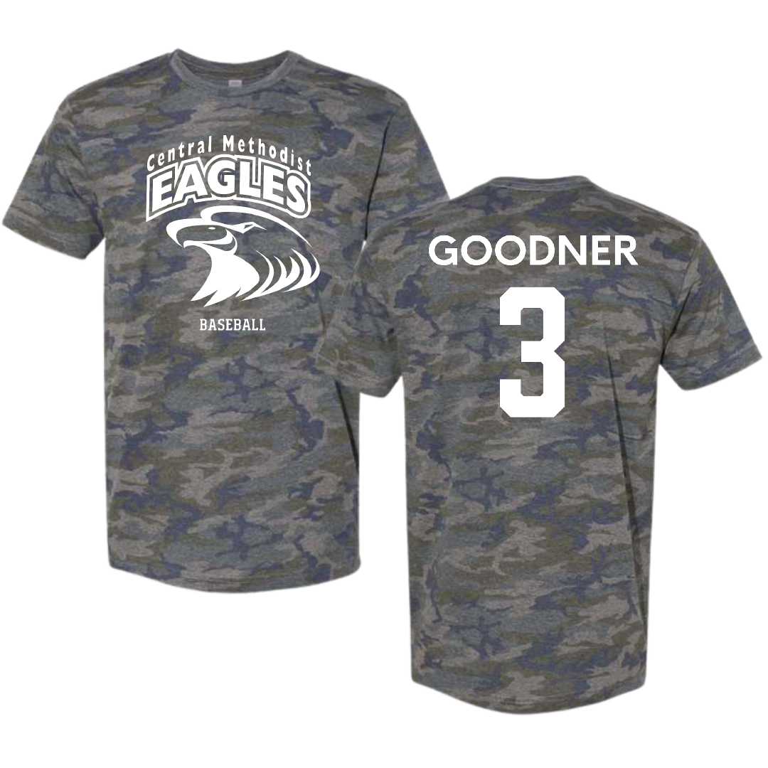 Central Methodist University Baseball Vintage Camo Tee - #3 Gavin Goodner
