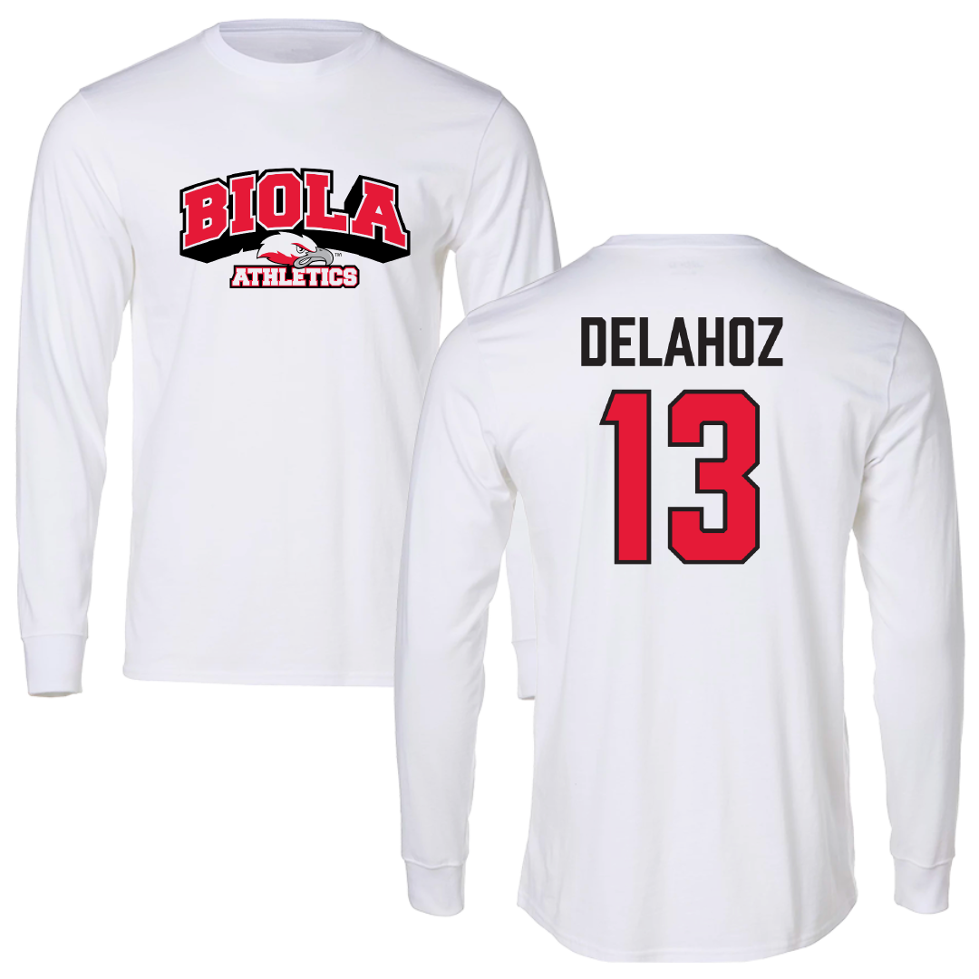 Biola University Basketball (W) White Performance Long Sleeve - #13 MiaGrace Delahoz