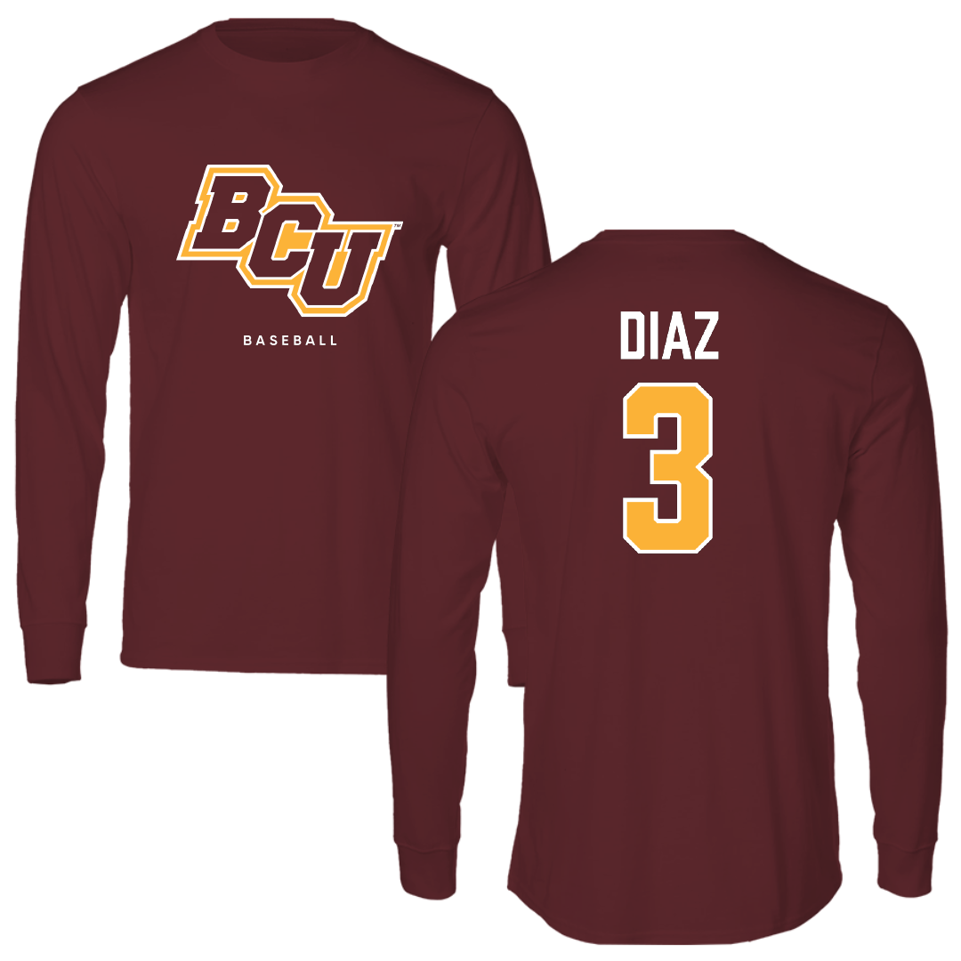 Bethune-Cookman University Baseball Maroon Long Sleeve - #3 Ethan Diaz