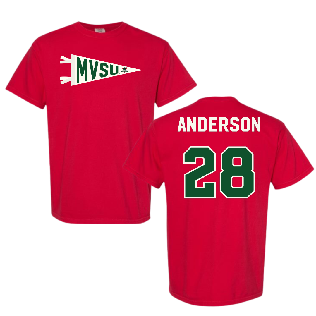 Mississippi Valley State University Football Red Pennant Comfort Colors Tee - #28 Jordan Anderson