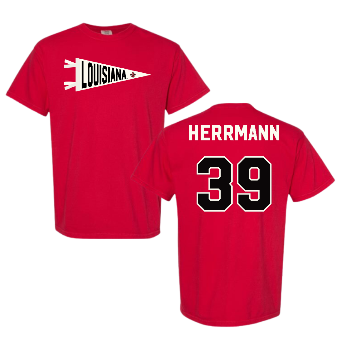 University of Louisiana at Lafayette Baseball Red Pennant Comfort Colors Tee - #39 Andrew Herrmann
