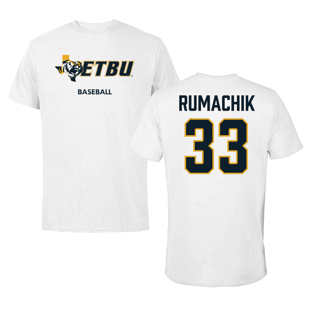 East Texas Baptist University Baseball White Performance Tee - #33 Hunter Rumachik