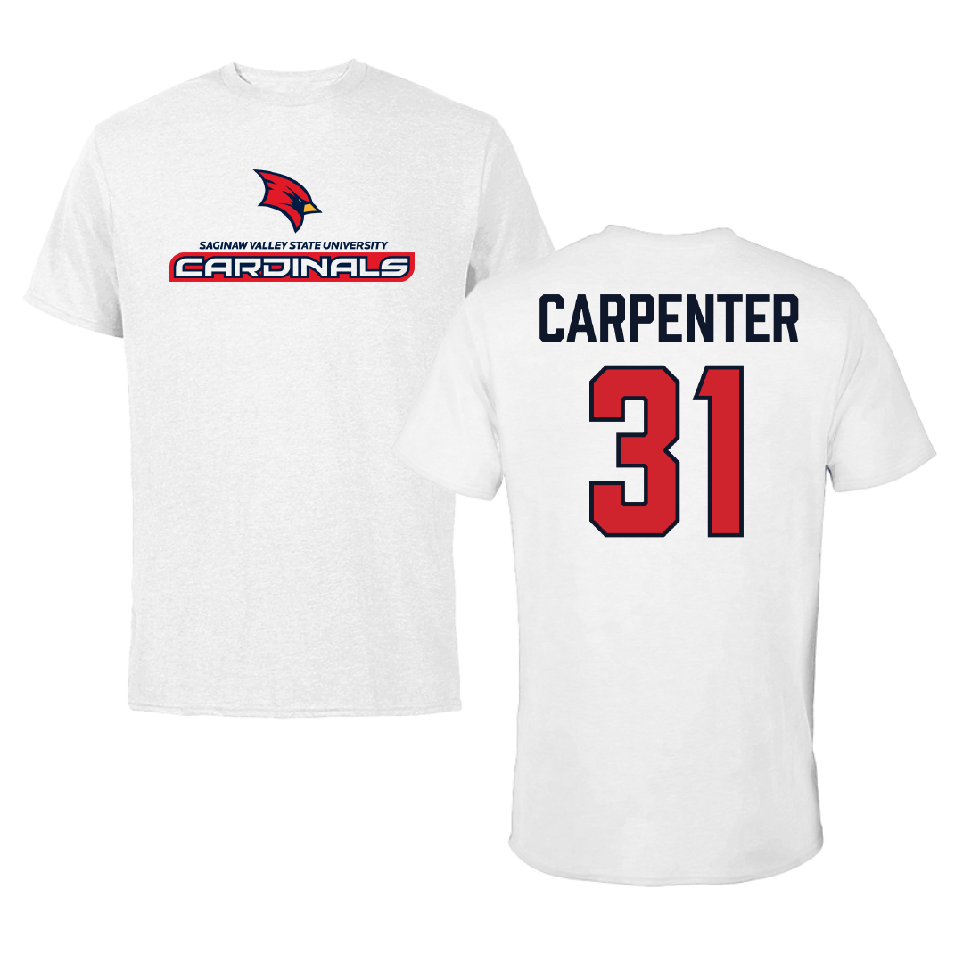 Saginaw Valley State University Baseball White Performance Tee - #31 Eli Carpenter