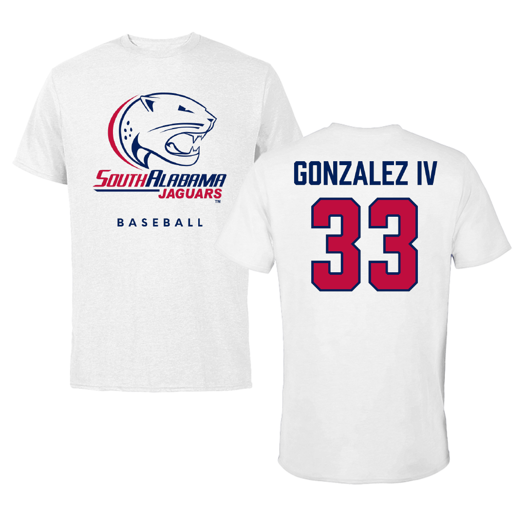 University of South Alabama Baseball White Performance Tee - #33 Daniel Gonzalez IV