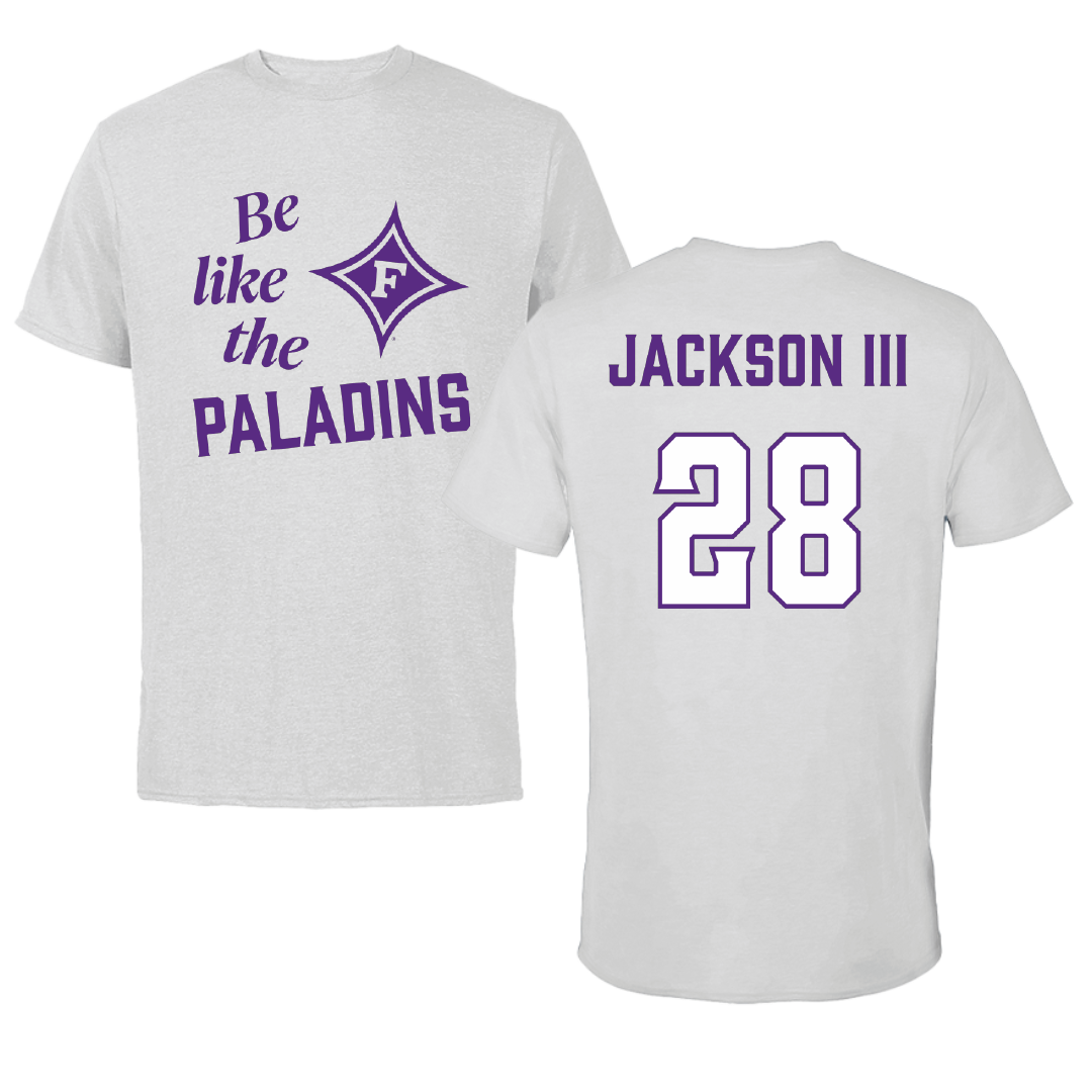 Furman University Football Light Gray Be Like Us Performance Tee - #28 Eddie Jackson III