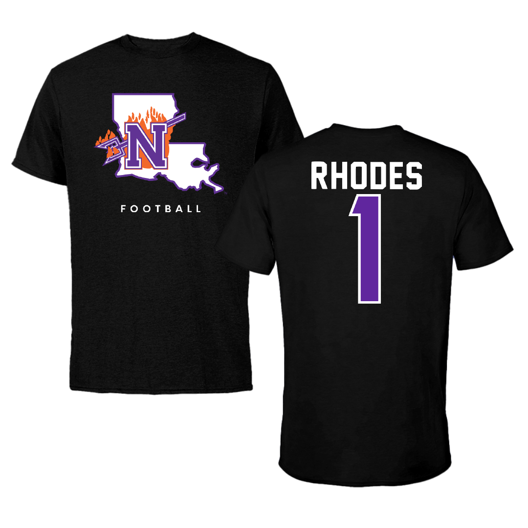Northwestern State University Football Black Block Tee - #1 Dylan Rhodes