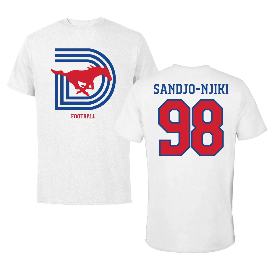 Southern Methodist University Football White Performance Tee - #98 Mike Sandjo-Njiki