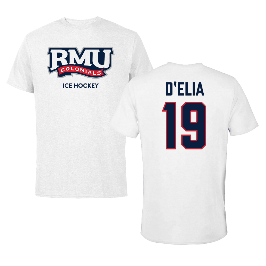 Robert Morris University Ice Hockey (W) White Performance Tee - #19 Thalia D'Elia