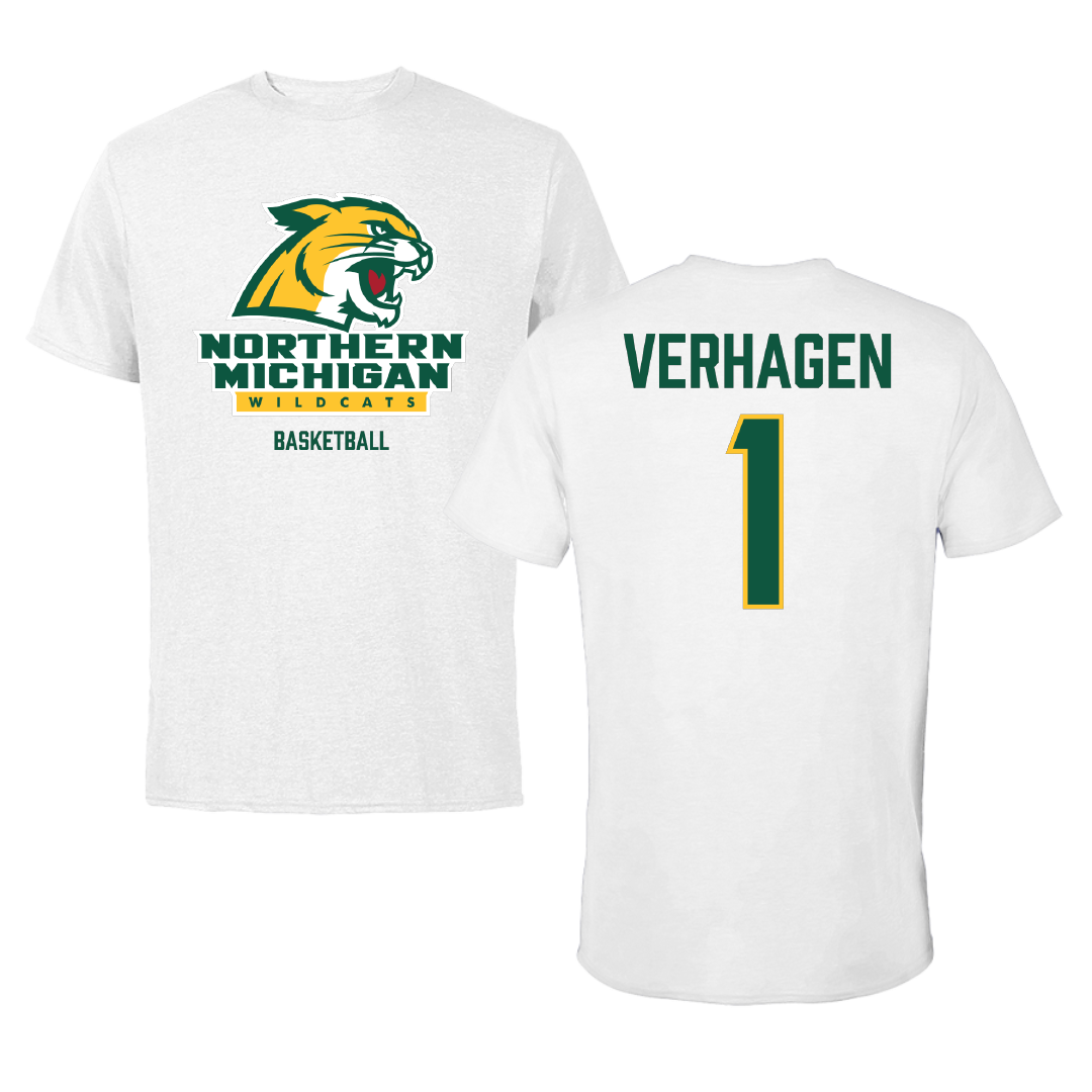 Northern Michigan University Basketball (M) White Tee - #1 Casey Verhagen