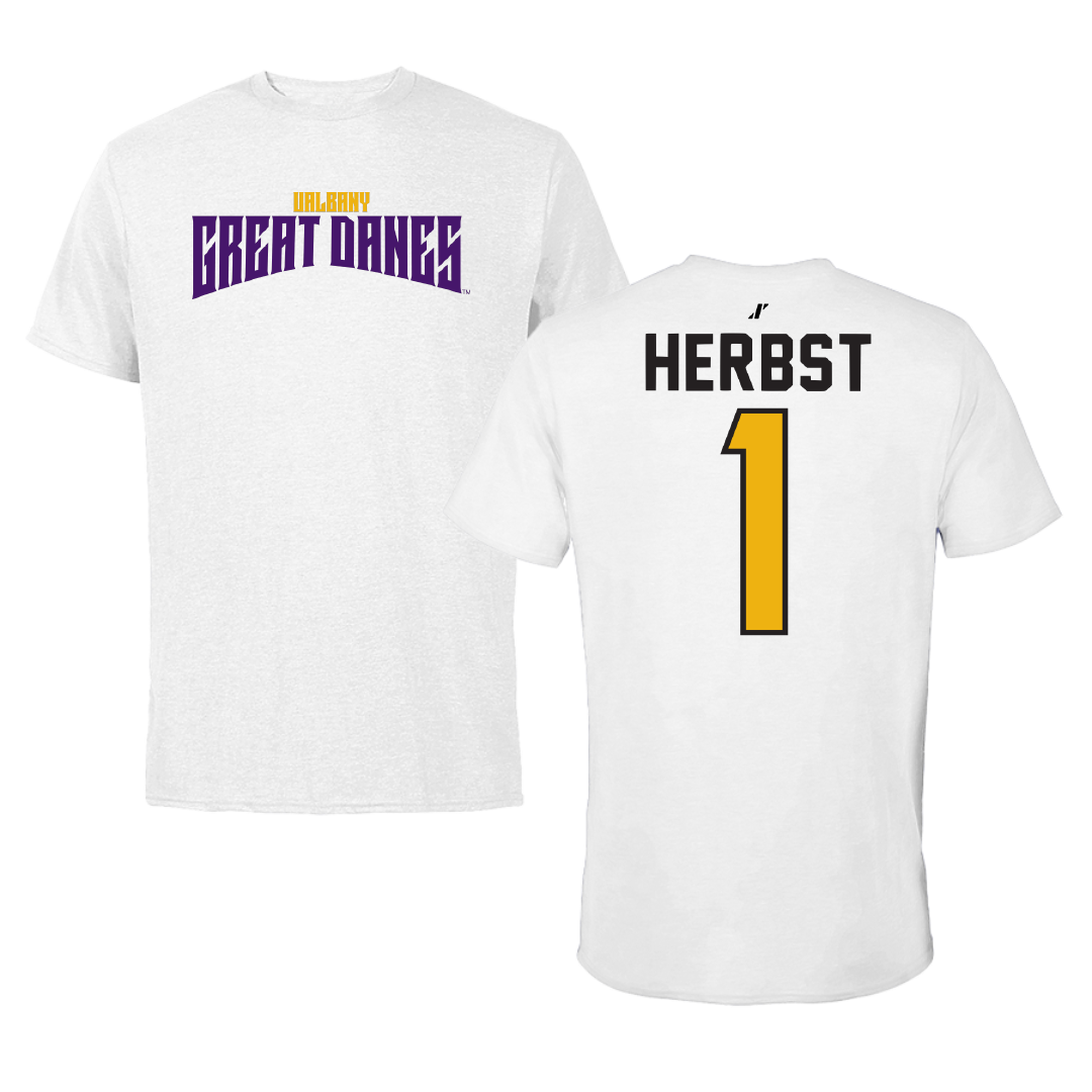 University at Albany Baseball White Classic Performance Tee - #1 Aaron Herbst