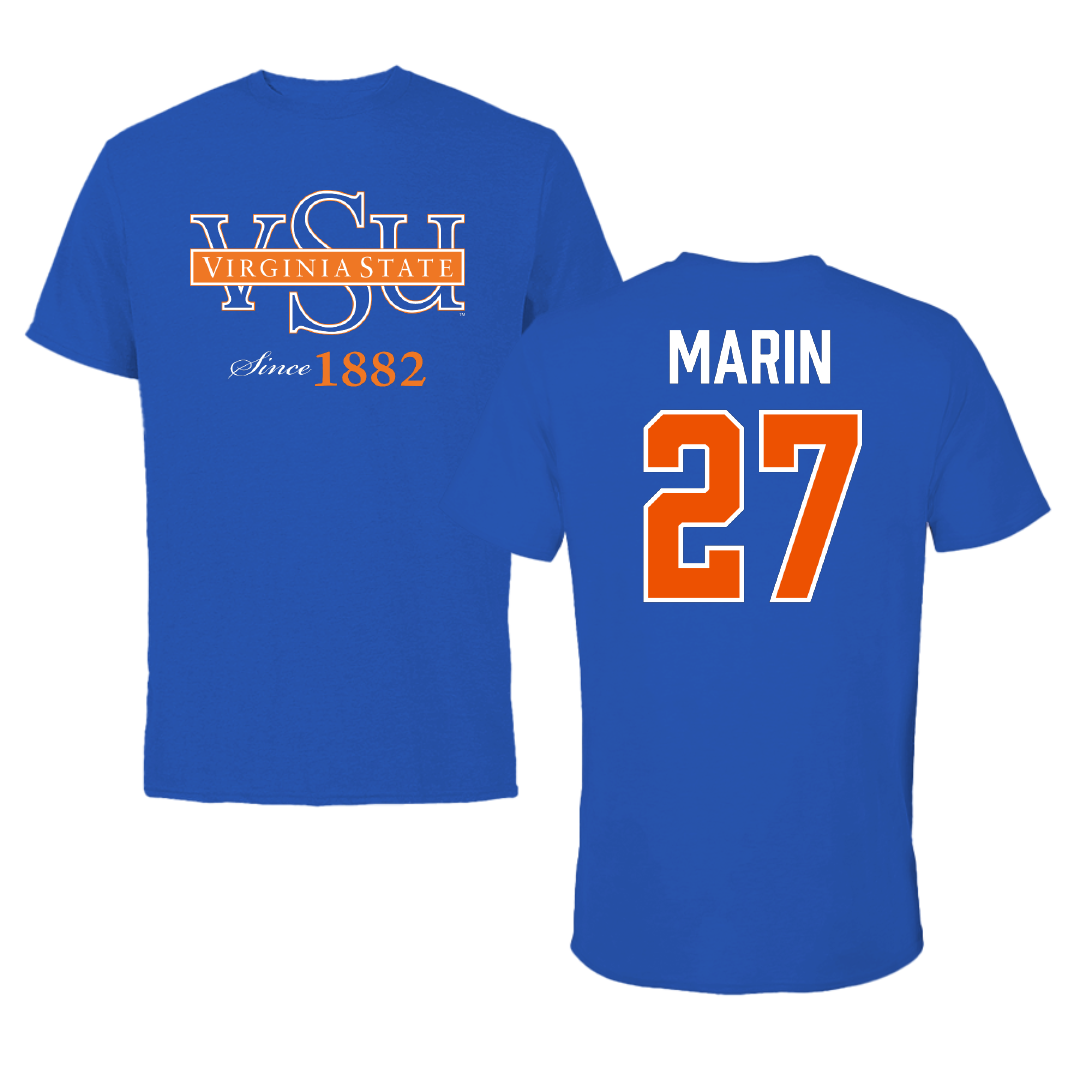 Virginia State University Football Blue Tee - #27 Chris Marin