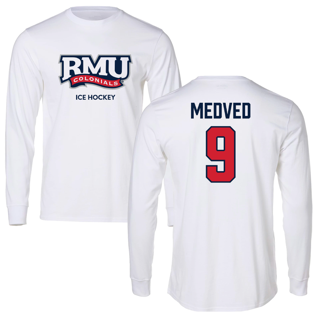 Robert Morris University Ice Hockey (W) White Performance Long Sleeve - #9 Bailey Medved