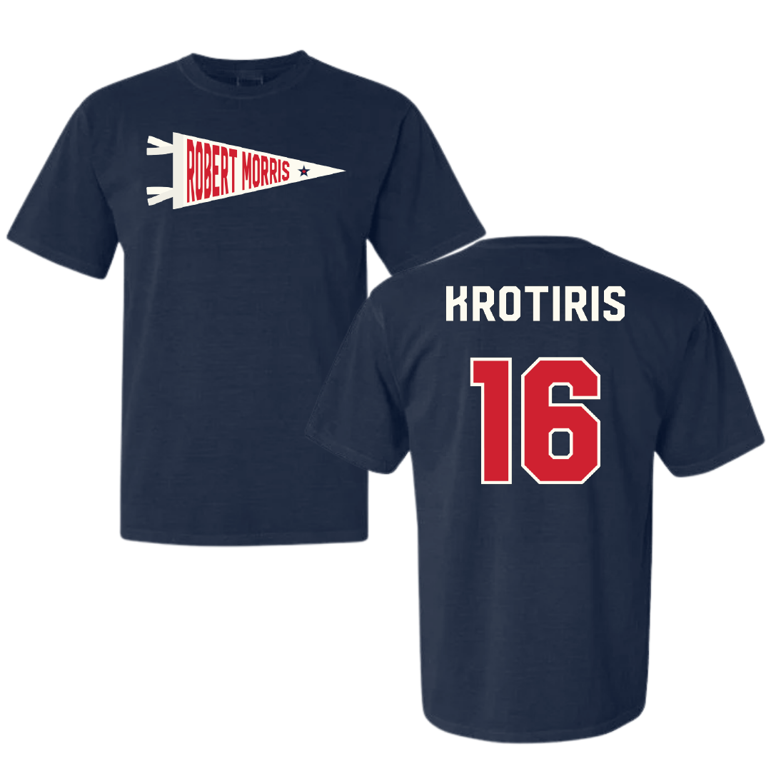 Robert Morris University Ice Hockey Navy Pennant Comfort Colors Tee - #16 George Krotiris