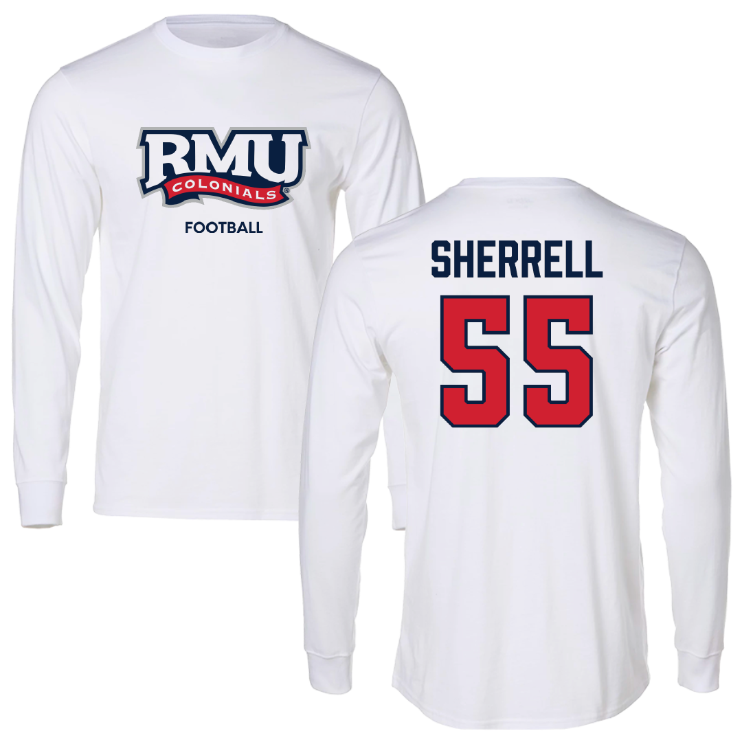 Robert Morris University Football White Performance Long Sleeve - #55 Tayvon Sherrell