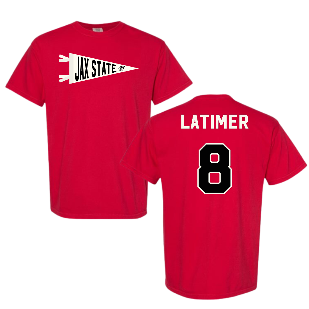 Jacksonville State University Football Red Pennant Comfort Colors Tee - #8 Geimere Latimer