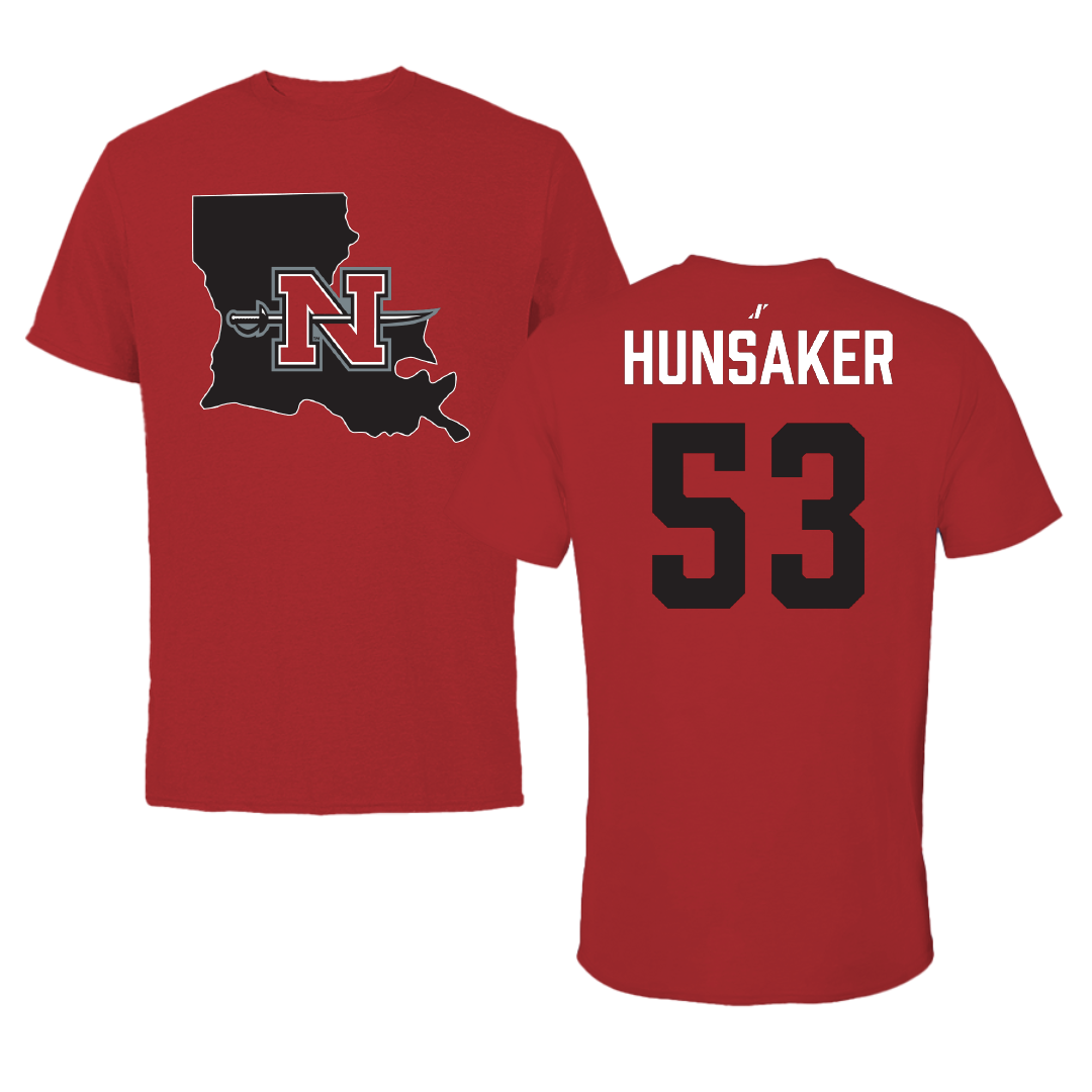 Nicholls State University Baseball Canvas Red State Tee - #53 Payton Hunsaker