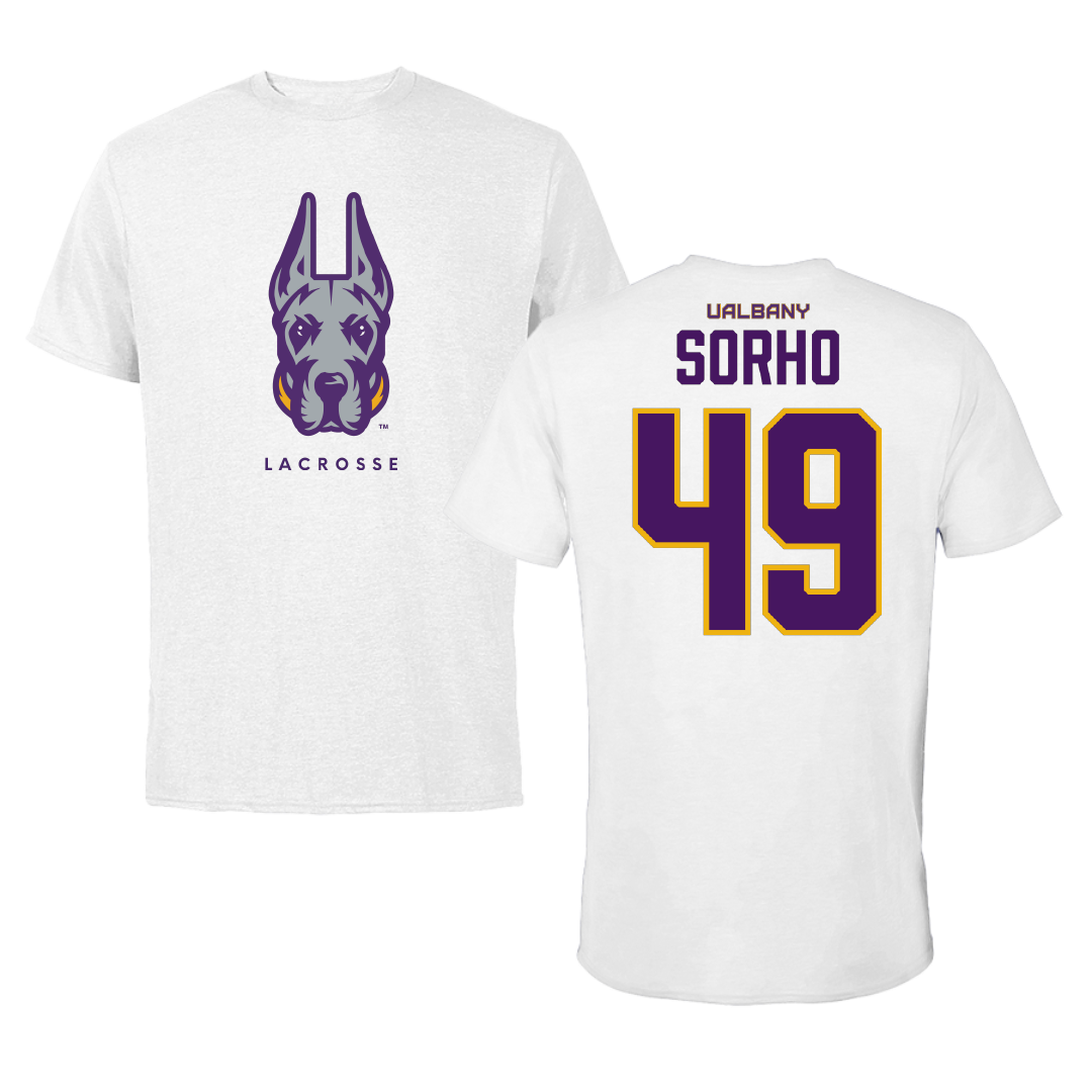 University at Albany Lacrosse White Mascot Tee - #49 Zarreen Sorho