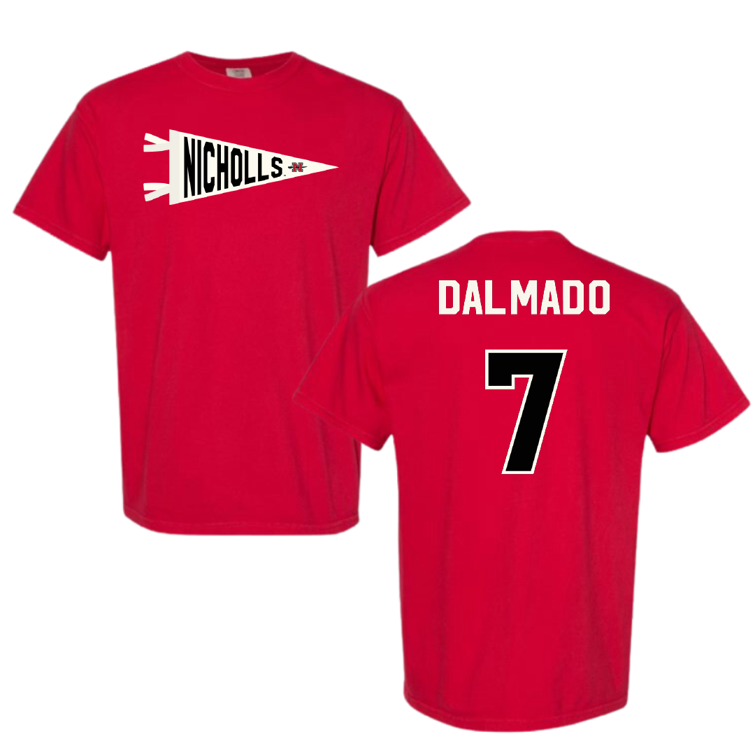 Nicholls State University Football Red Pennant Comfort Colors Tee - #7 Jake Dalmado