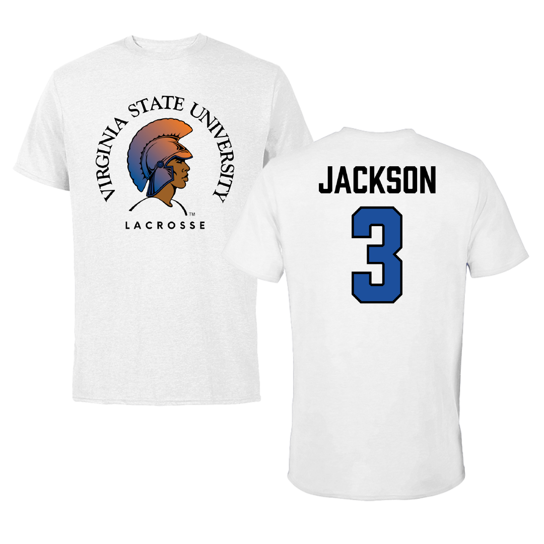 Virginia State University Lacrosse (M) White Performance Tee - #3 Miles Jackson