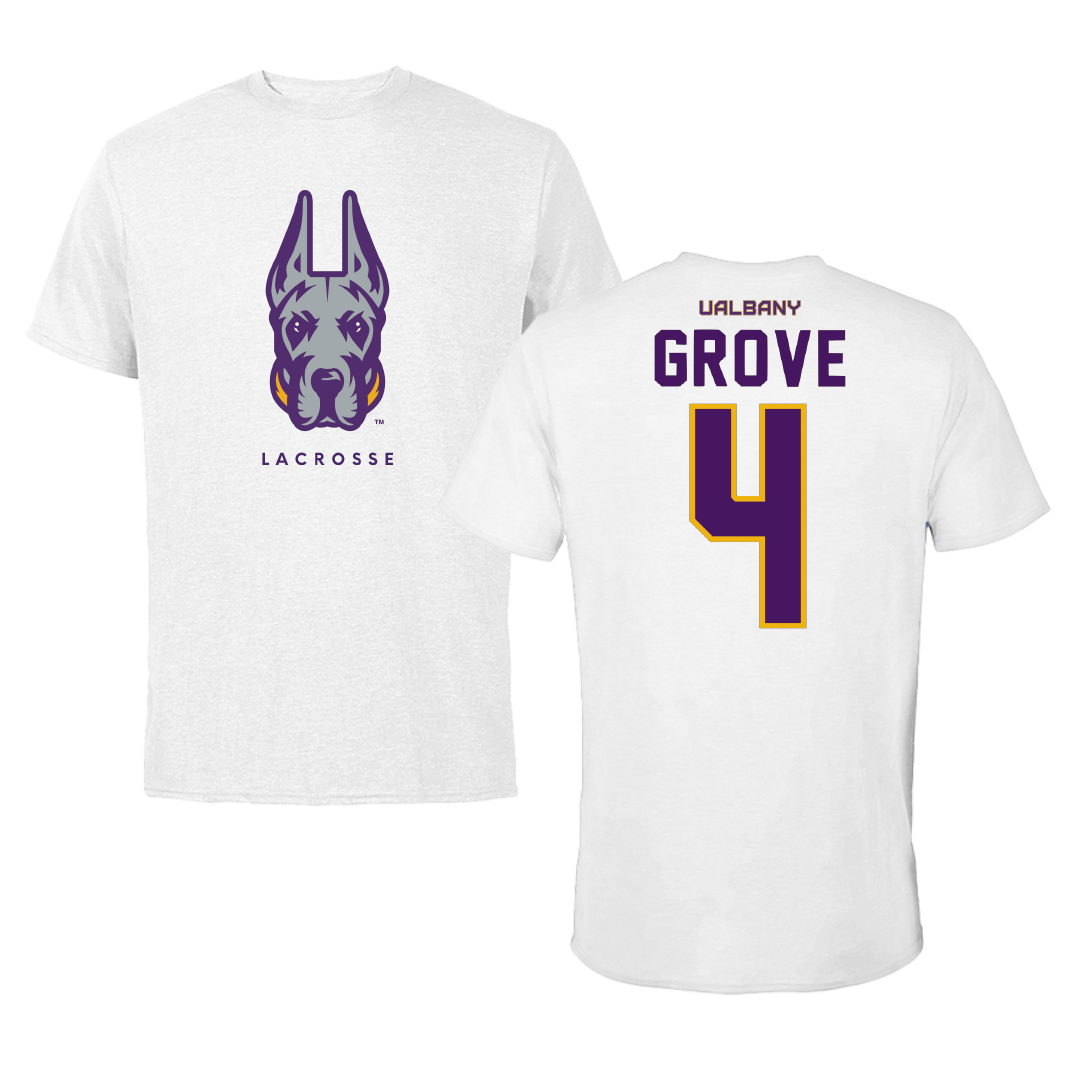 University at Albany Lacrosse White Mascot Performance Tee - #4 Luke Grove