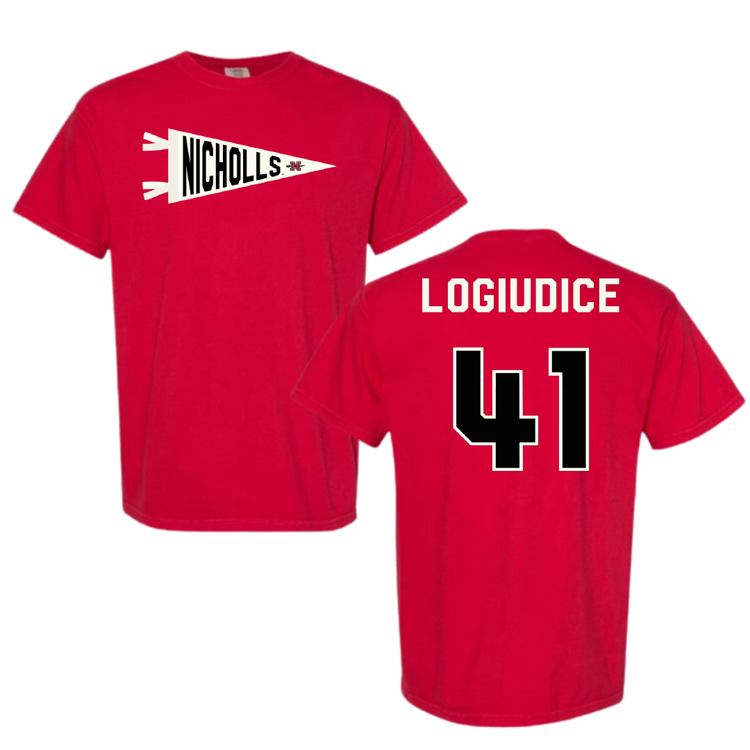 Nicholls State University Football Red Pennant Comfort Colors Tee - #41 Dominic LoGiudice
