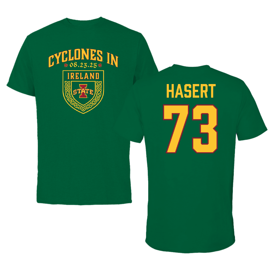 Iowa State University Football Green Cyclones in Ireland Performance Tee - #73 Deylin Hasert