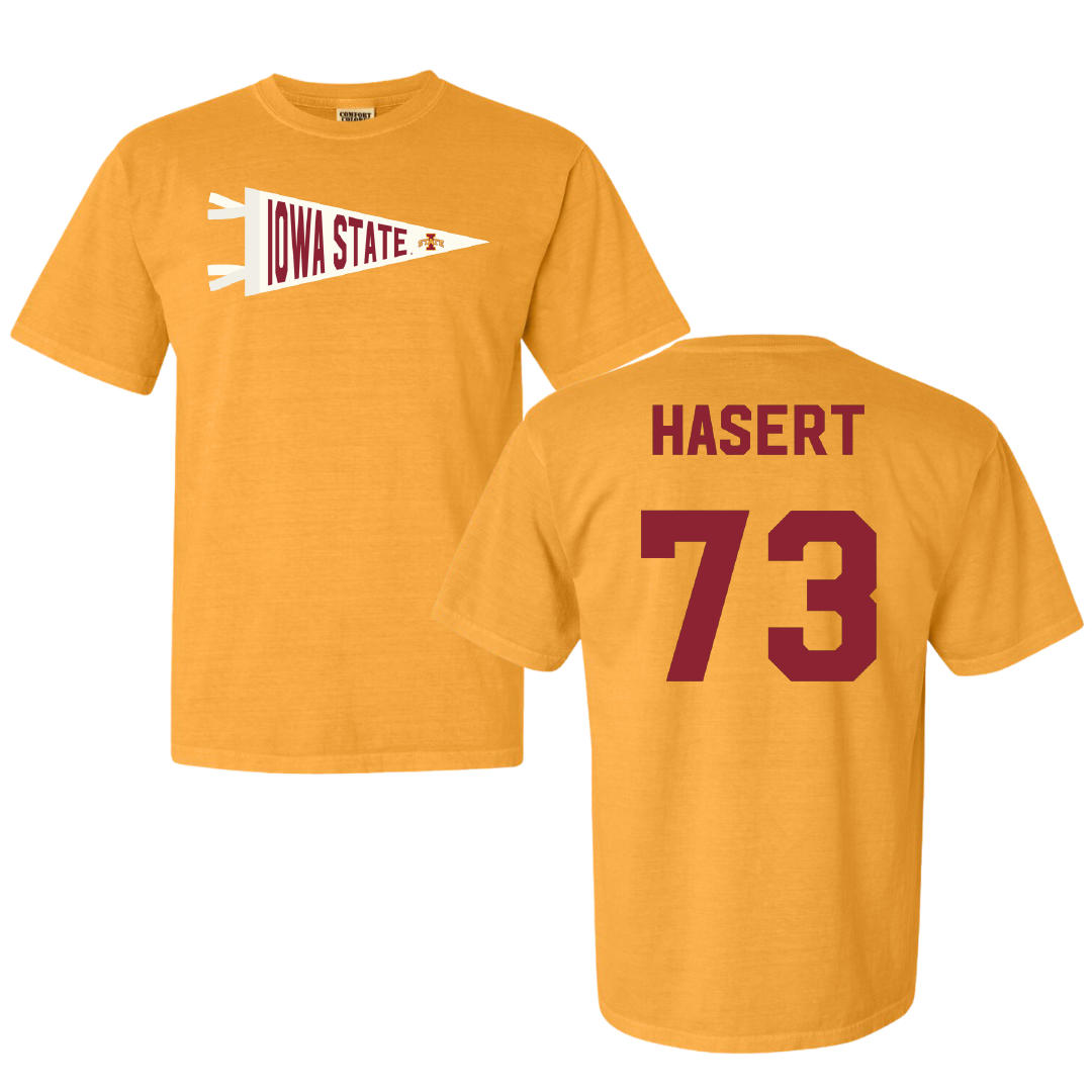 Iowa State University Football Gold Pennant Comfort Colors Tee - #73 Deylin Hasert