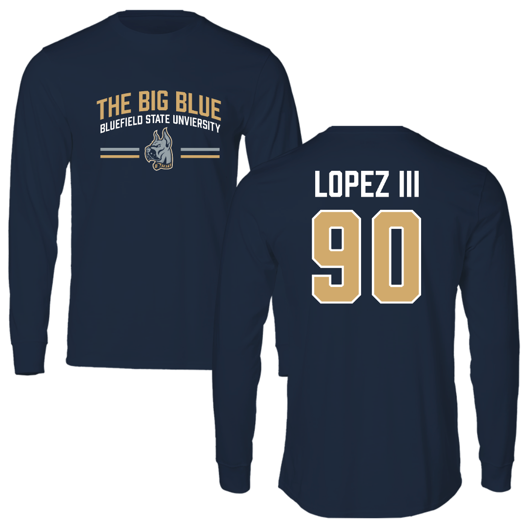 Bluefield State University Football Navy General Performance Long Sleeve - #90 Omar Lopez III
