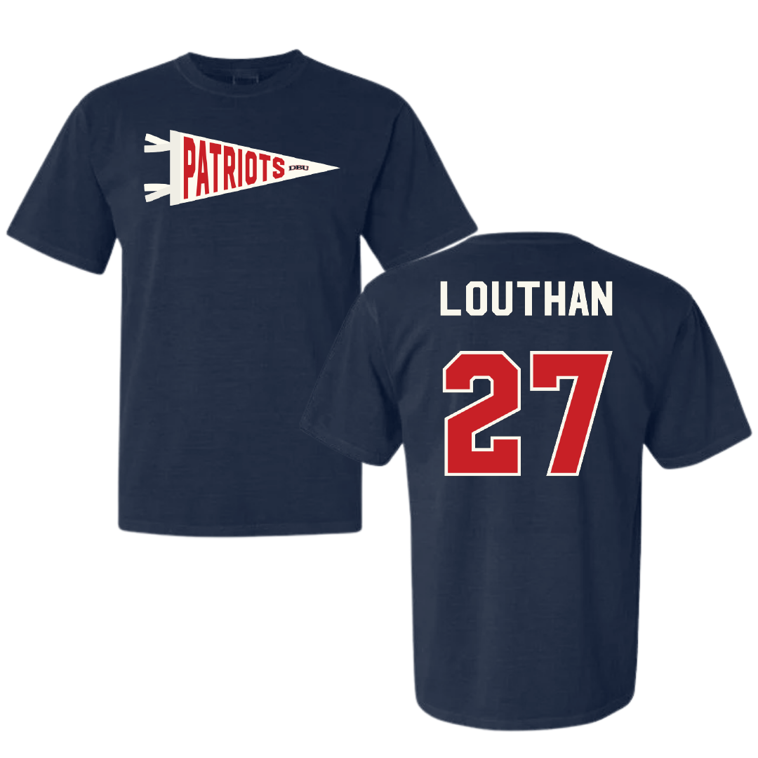 Dallas Baptist University Soccer Navy Pennant Comfort Colors Tee - #27 Anne Louthan