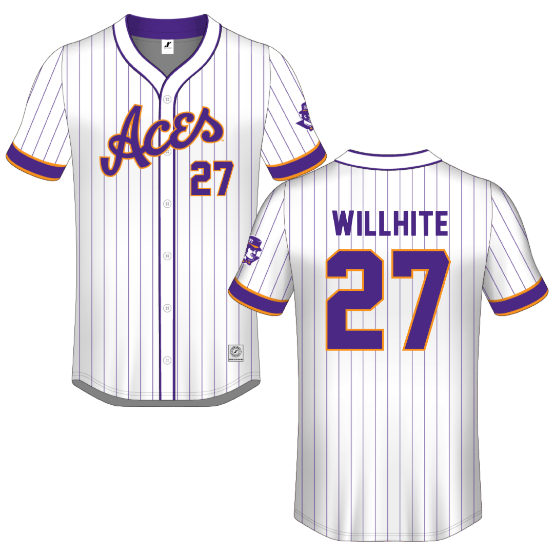 University of Evansville White Pinstripe Button-Down Jersey - #27 Jack Willhite