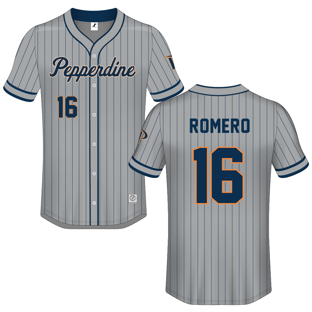 Pepperdine University Gray Pinstripe Button-Down Jersey - #16 Shawn Romero