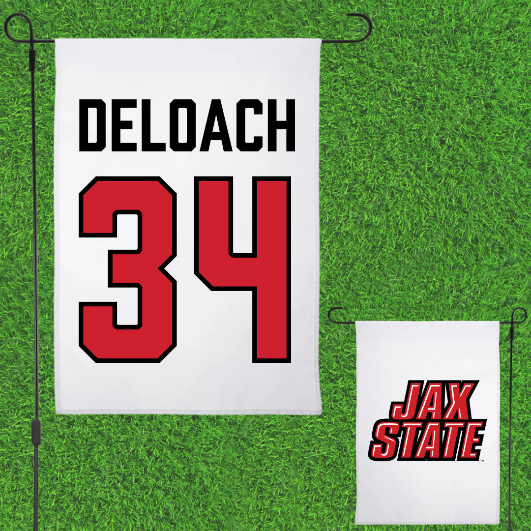 Jacksonville State University Football White Garden Flag - #34 Dajwon DeLoach