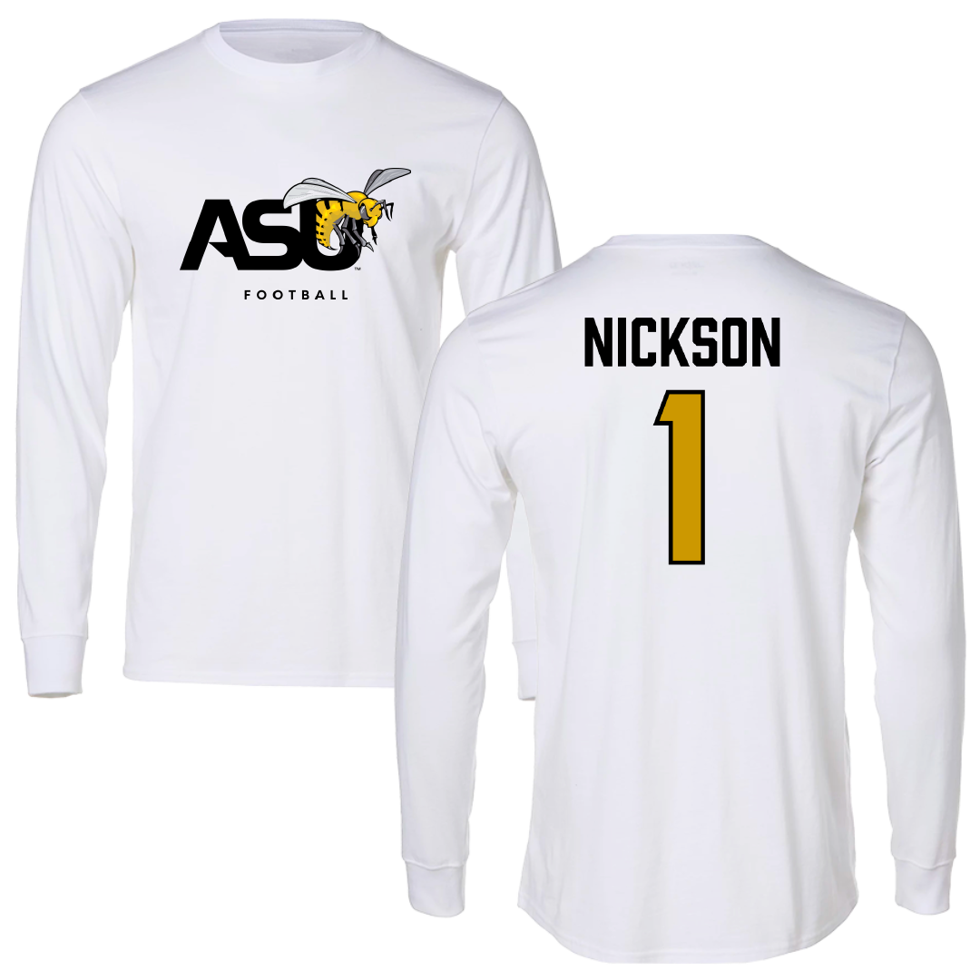 Alabama State University Football White Performance Long Sleeve - #1 Willie Nickson